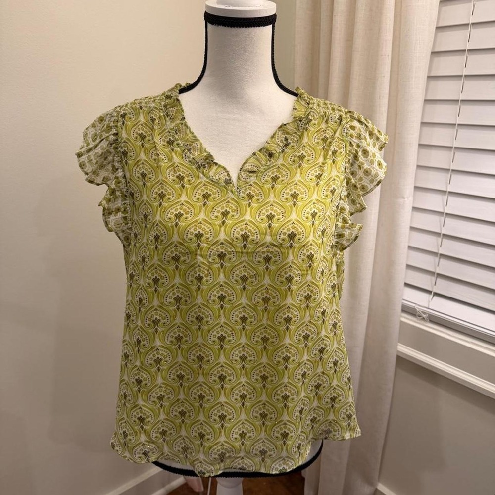 Rachel Zoe Green Paisley Ruffle Flutter Sleeve Metallic Lurex Blouse Small